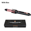 A black ceramic hair curling iron with a pink barrel and box packaging.