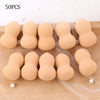 50 pieces of peach colored makeup sponge puffs arranged on a sheer fabric background.