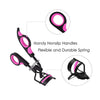 A black eyelash curler with pink accents and a flexible spring, shown with replacement pads.
