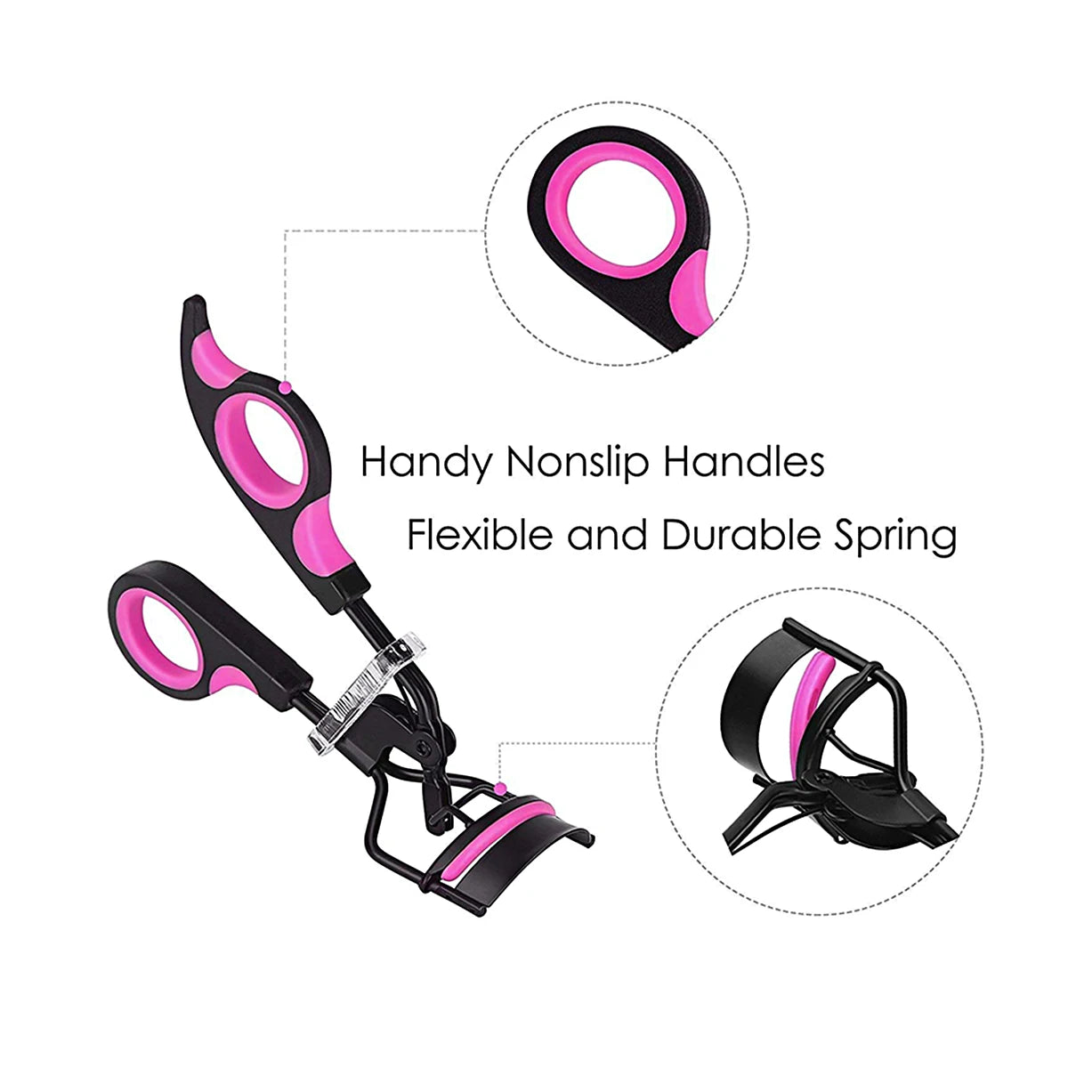 A black eyelash curler with pink accents and a flexible spring, shown with replacement pads.