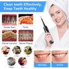 A woman holds an electric dental tool, demonstrating before and after results for cleaning teeth.