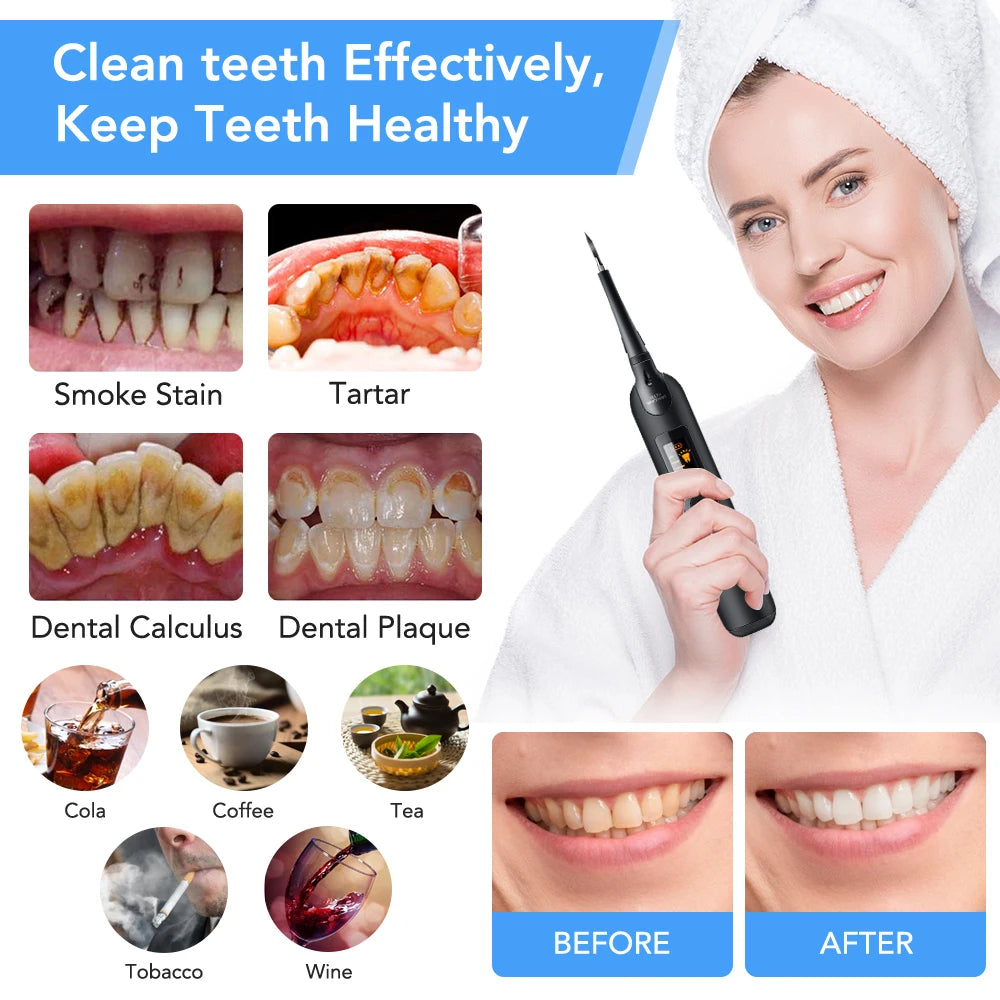 A woman holds an electric dental tool, demonstrating before and after results for cleaning teeth.
