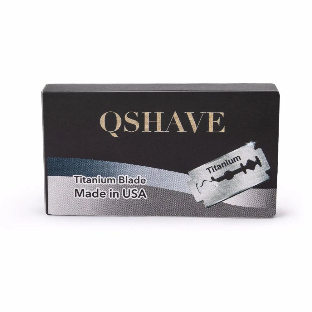 A black box for a QSHAVE titanium blade safety razor set marked Made in USA