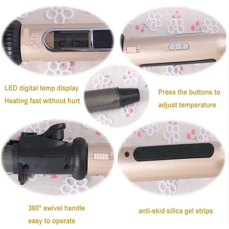 A professional nano titanium curling iron shown in various views highlighting its LED display, heating function, swivel handl