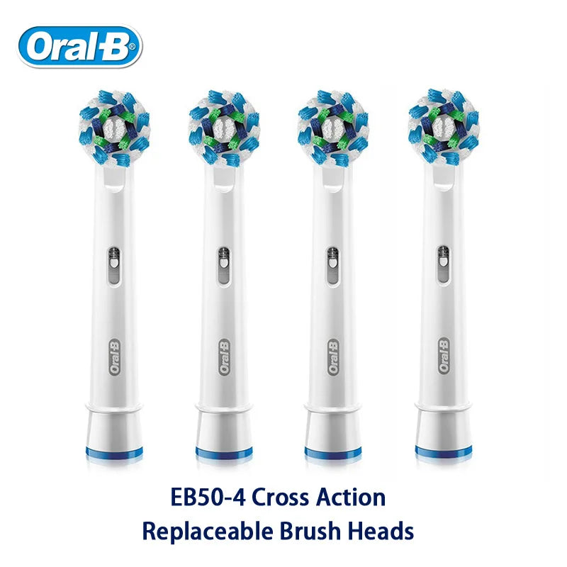 Oral-B Precision Clean electric toothbrush with replacement brush heads shown in white and blue.