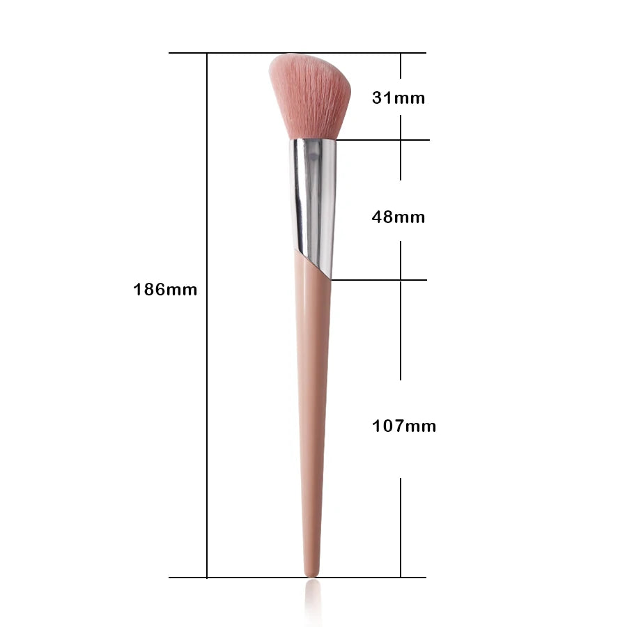 A pink angled cheek blusher makeup brush with a silver ferrule and tapered handle.