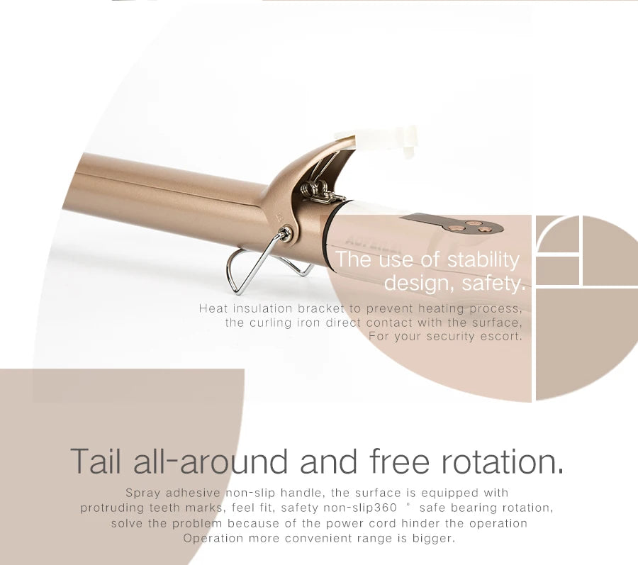 A close-up of a rose gold electric hair curler showing its stability design and safety features.