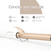 A professional electric hair curler with a silver and gold finish is shown, featuring an LCD control panel.