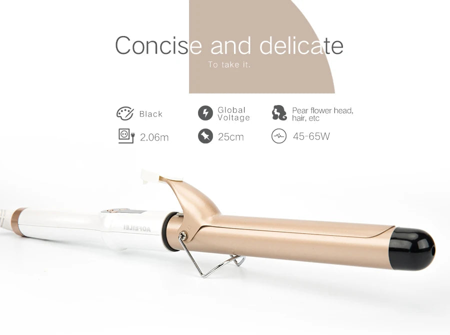 A professional electric hair curler with a silver and gold finish is shown, featuring an LCD control panel.