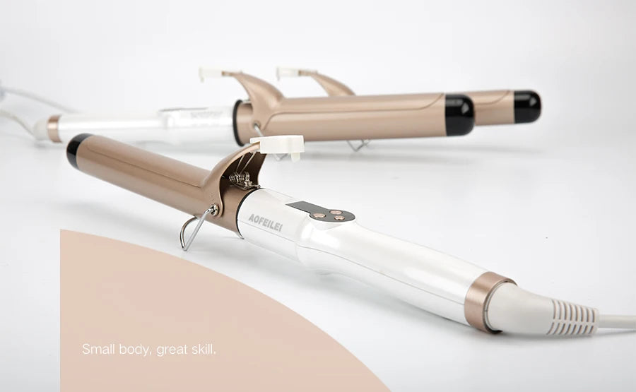 A professional electric hair curler in bronze and white is shown, highlighting its small body and skill.