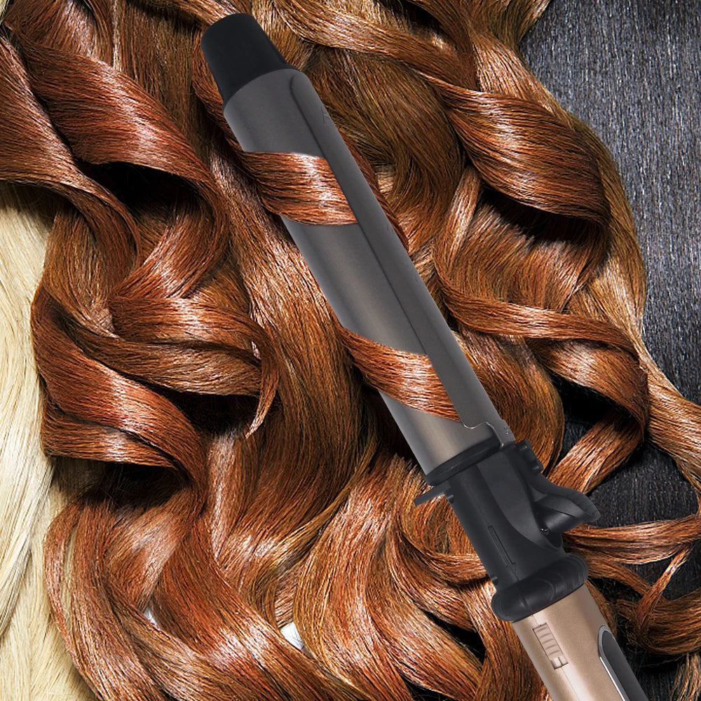 A professional nano titanium curling iron is shown wrapping reddish-brown hair in curls.