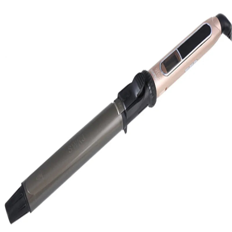 A professional nano titanium curling iron with a black and rose gold finish.