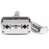 A silver double edge titanium safety razor set with a handle and blade visible.