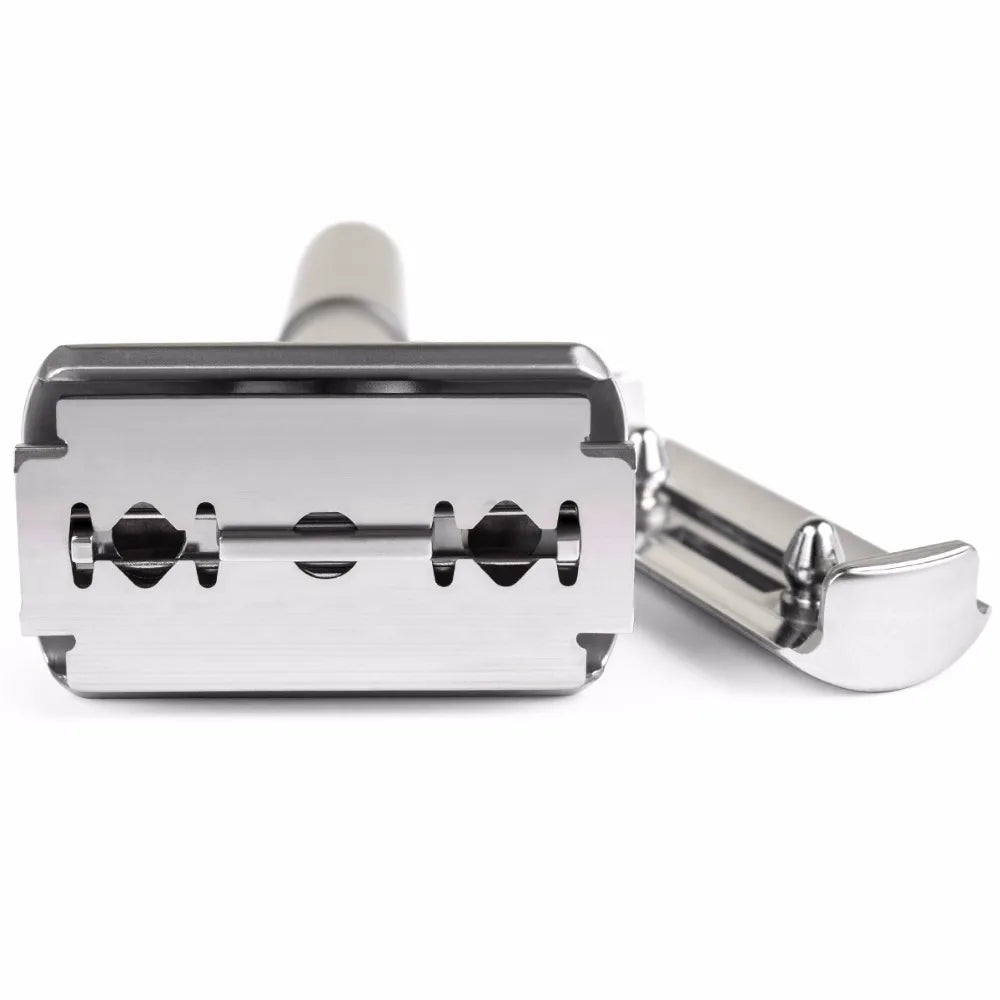A silver double edge titanium safety razor set with a handle and blade visible.