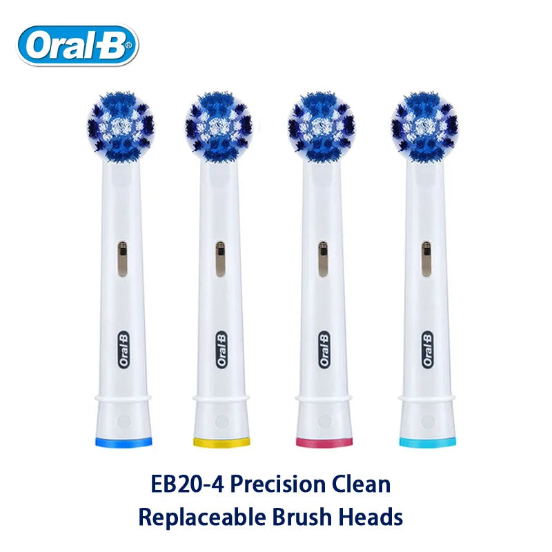Four replacement brush heads for the Oral-B Precision Clean electric toothbrush in various colors.