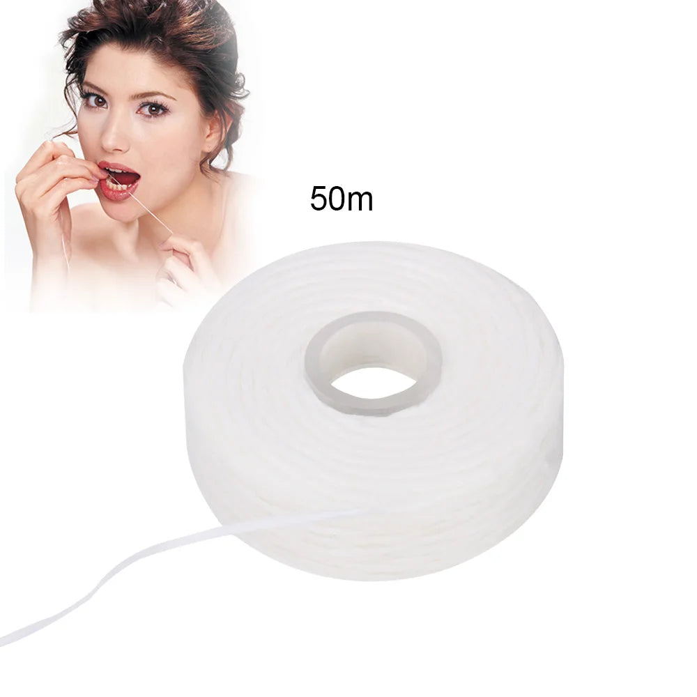 A roll of white mint flavored dental floss with a 50m marker shown next to a woman using the floss.