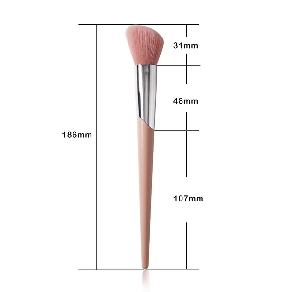 A pink angled cheek blusher makeup brush with a silver ferrule and tapered handle.