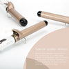 A close-up of a professional electric hair curler in rose gold and white, showing its design and function.