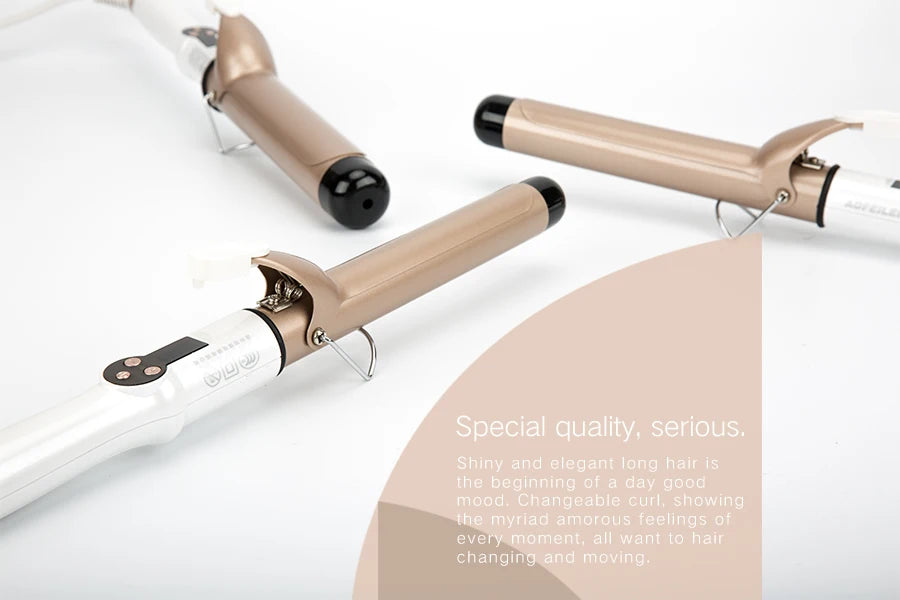 A close-up of a professional electric hair curler in rose gold and white, showing its design and function.