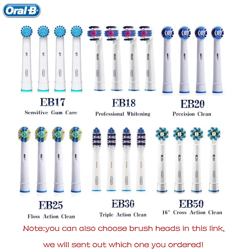 A collection of Oral-B electric toothbrush heads including EB17, EB18, EB20, EB25, EB30, and EB50.