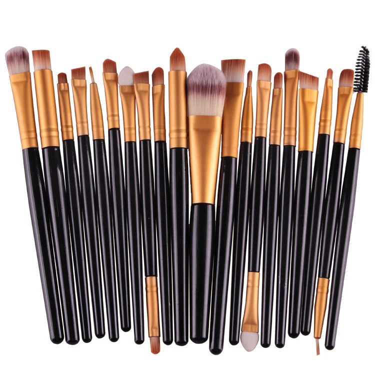 A collection of 20 professional makeup brushes in various sizes and shades.