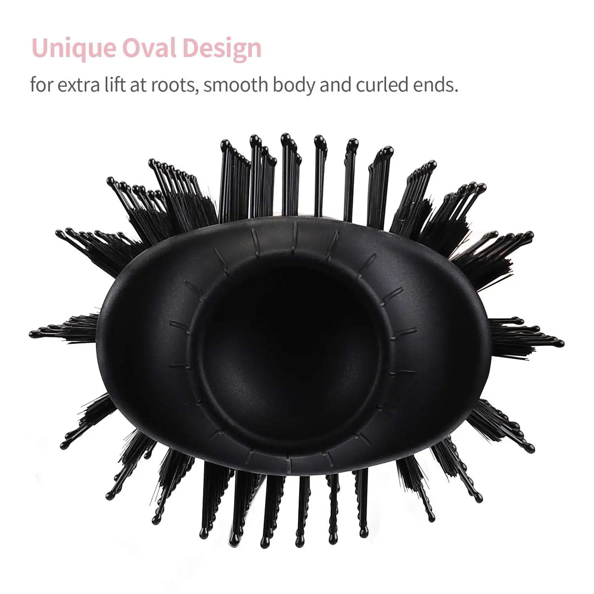 Black oval styling brush with numerous spikes for adding lift to roots and creating curled ends