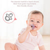 A baby is shown using a silicone product for facial cleansing.