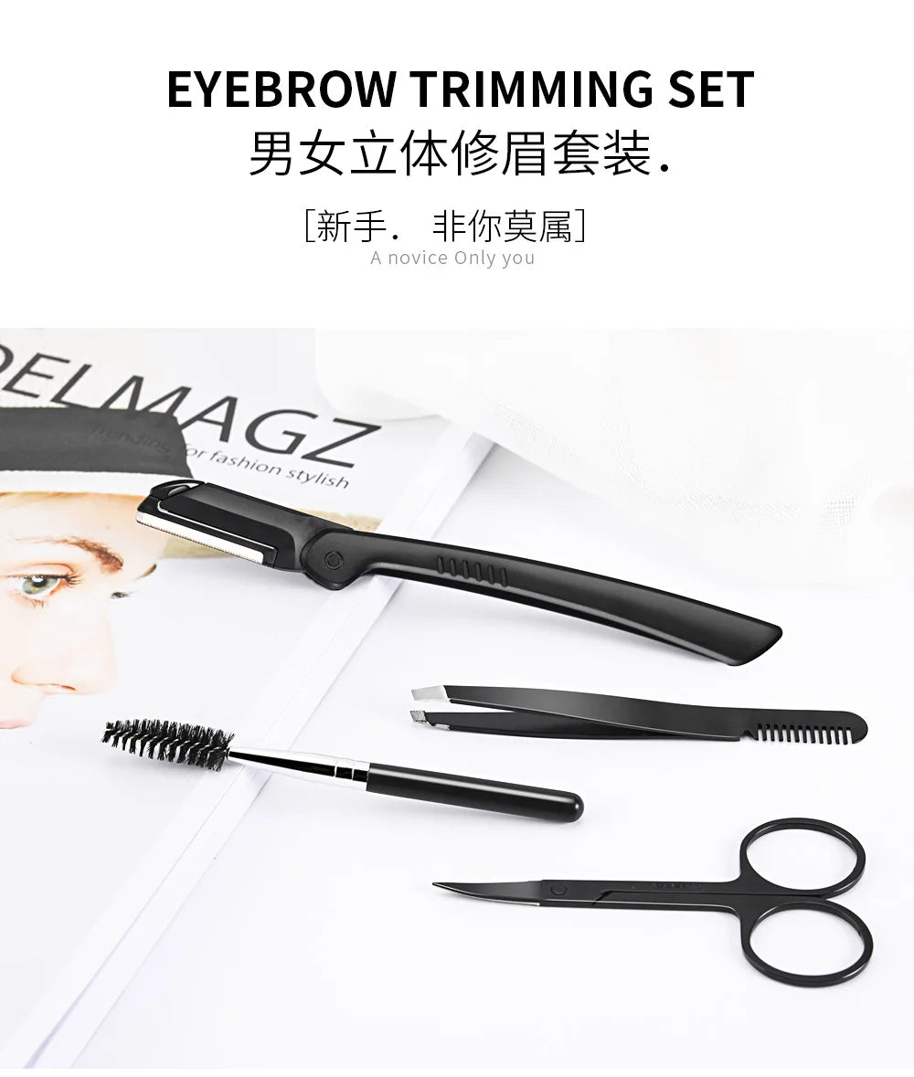 Un kit de outils professionnels pour tailler les sourcils comprenant un rasoir de précision, un peigne et des ciseaux sur fon