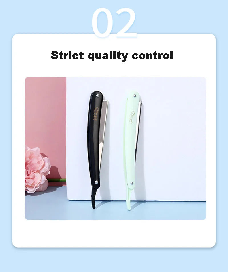 A black and light green folding straight razor shaver is shown against a white background.
