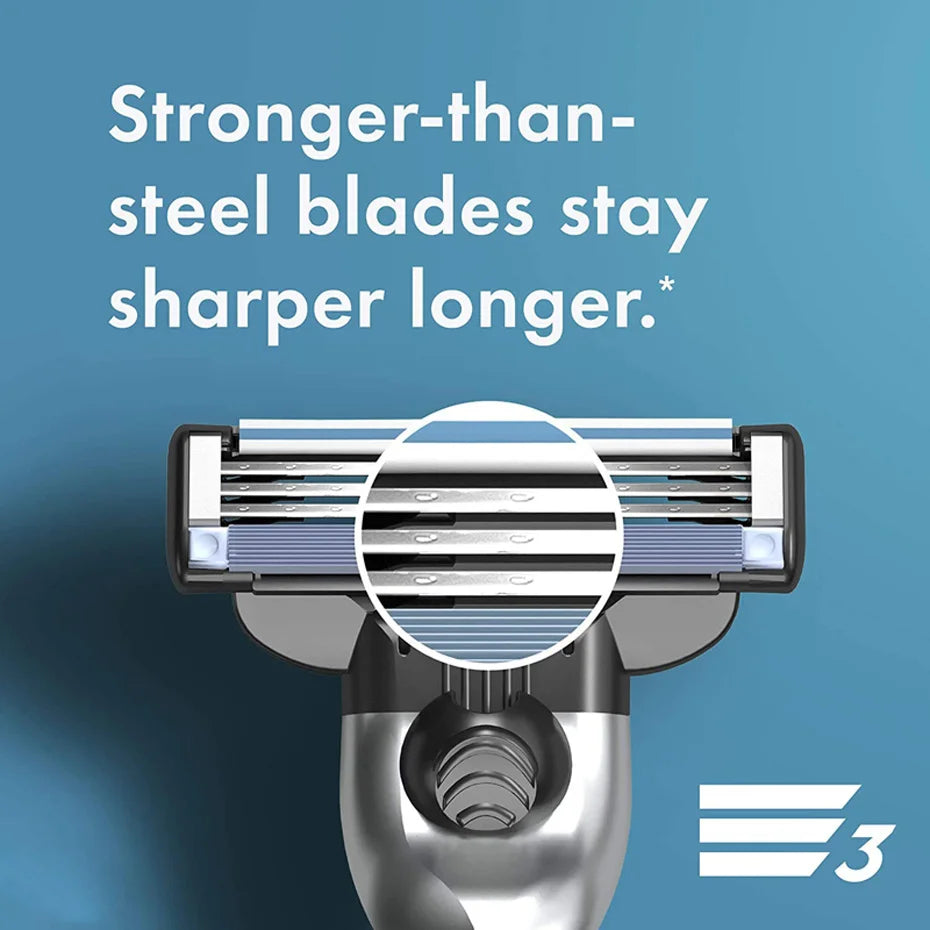 Close-up view of a Gillette Mach3 manual razor with replacement blades and travel case, featuring a sharpening benefit text.