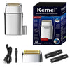 A Kemel reciprocating electric shaver set showing the main body, replacement heads, and accessories.