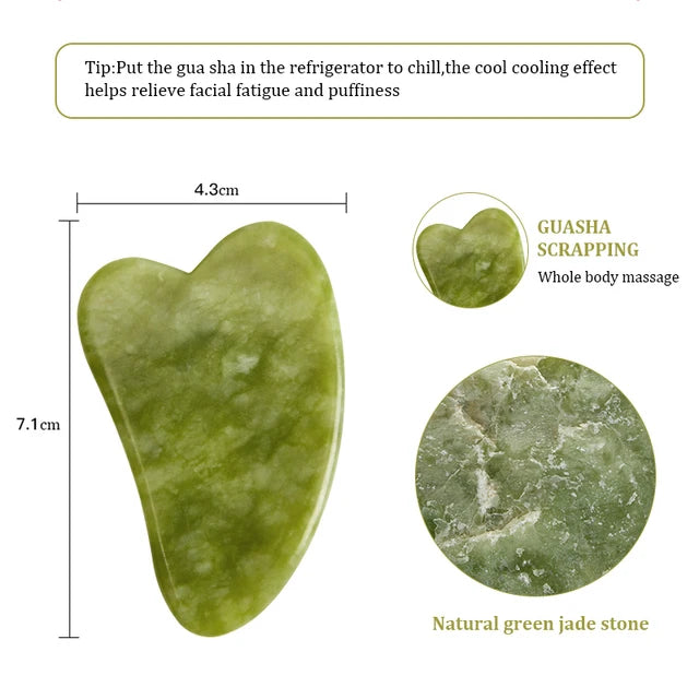 A smooth, oval green jade gua sha scraping tool used for facial massage and skin scraping.