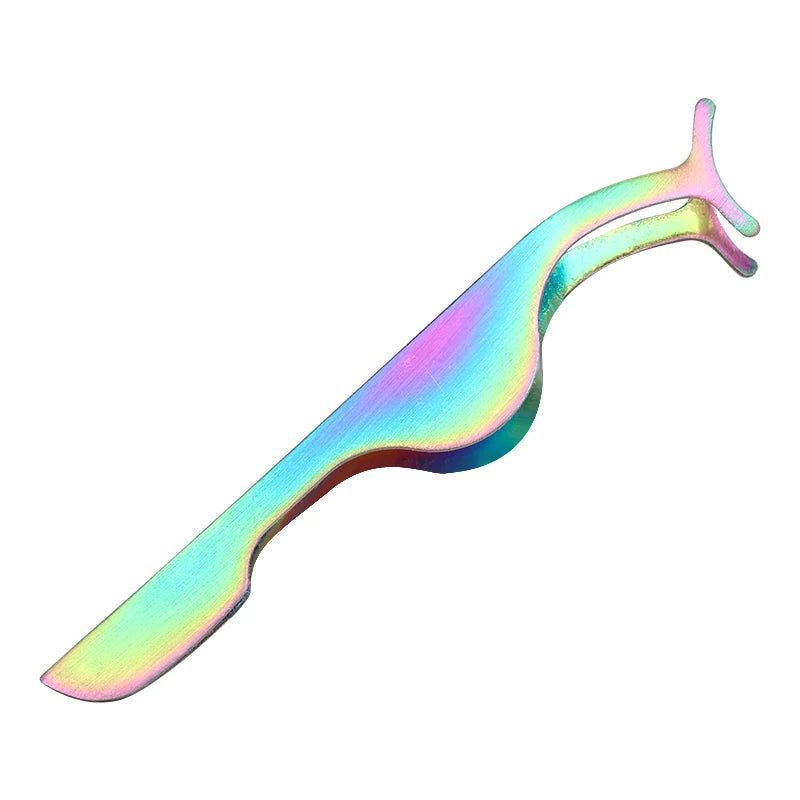 Stainless steel eyelash tweezers with a curved tip shown in iridescent pink and green colors.