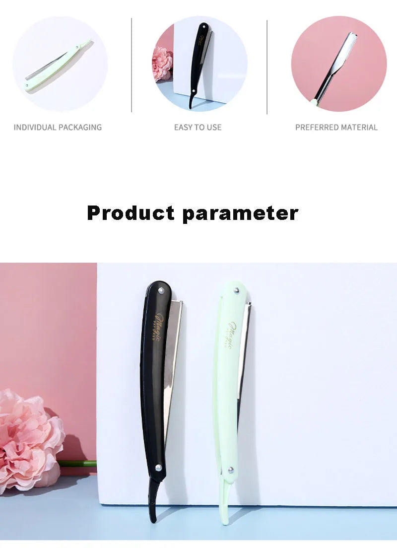 A black and light green folding straight razor shaver is shown standing upright on a white surface.