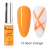 Botella de esmalte de uñas Venalisa Liner, color naranja neón, junto a dos uñas pintadas con diseño naranja y blanco cruzado