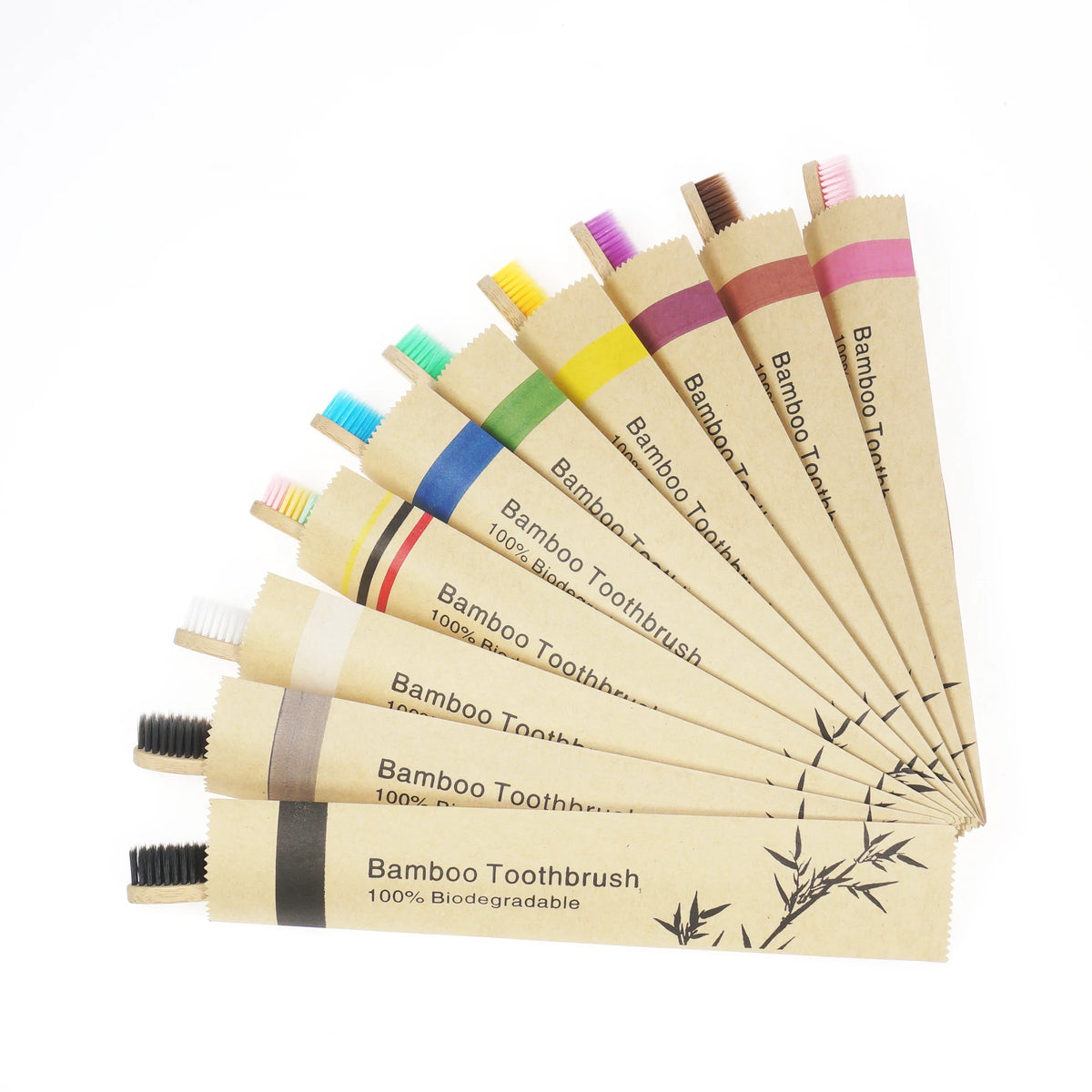 A pack of ten bamboo toothbrushes with various colored bristles arranged diagonally.