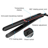 A black hair straightener with a temperature display, anti-scald insulation, and 360° rotating power cord.