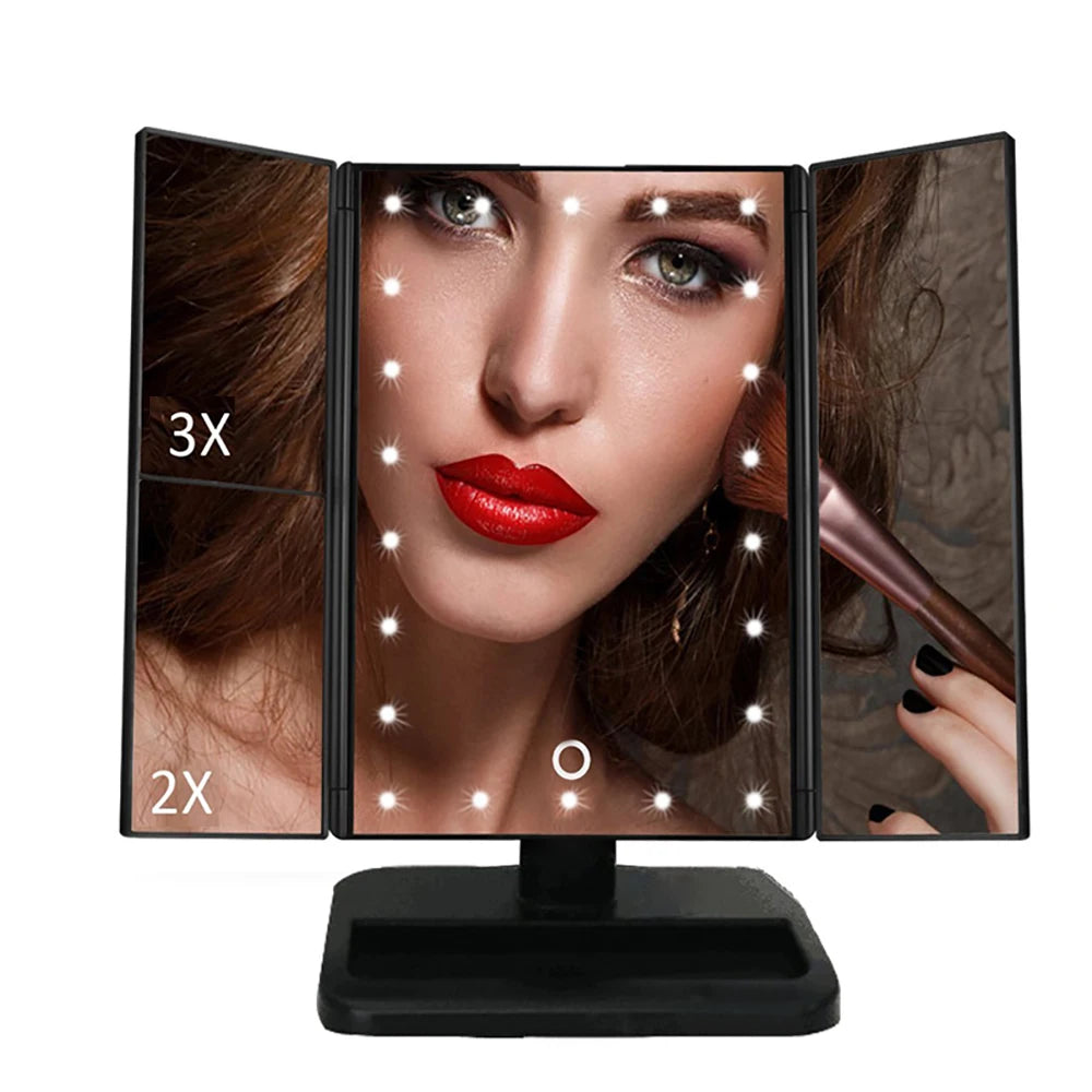 An LED vanity makeup mirror showing a woman's face with adjustable magnification features like 3X and 2X.