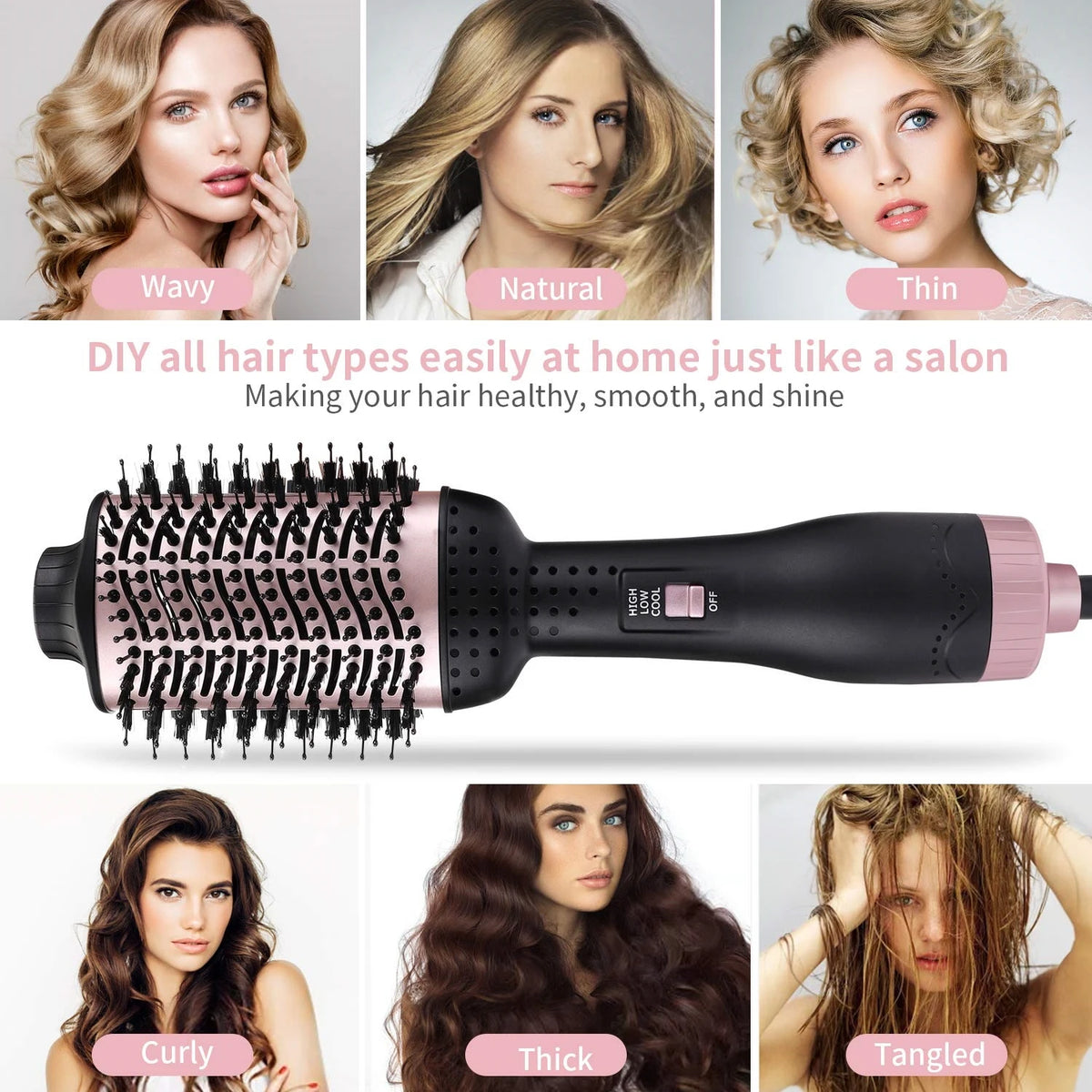 A pink 3-in-1 hair styling brush used to achieve wavy, natural, thin, curly, thick, and tangled hair styles.