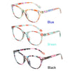 Un conjunto de elegantes gafas de lectura florales anti-luz azul en azul, verde y negro.
