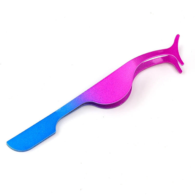 A pair of pink and blue stainless steel eyelash tweezers for false lashes.