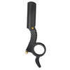 A black professional straight edge barber razor with a textured handle and metal components.