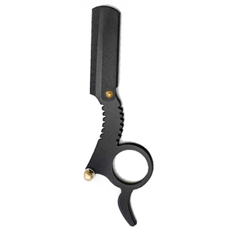 A black professional straight edge barber razor with a textured handle and metal components.