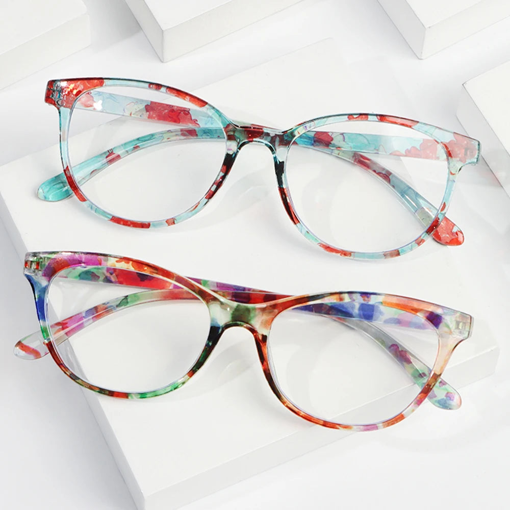 Par de elegantes gafas de lectura florales anti-luz azul con patrones de hojas multicolores