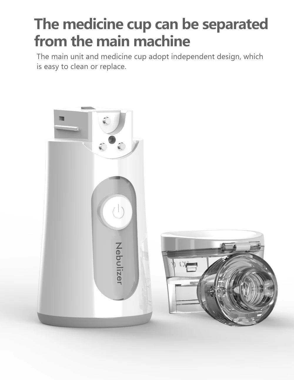 A white nebulizer unit and a separate medicine cup are shown on a surface.