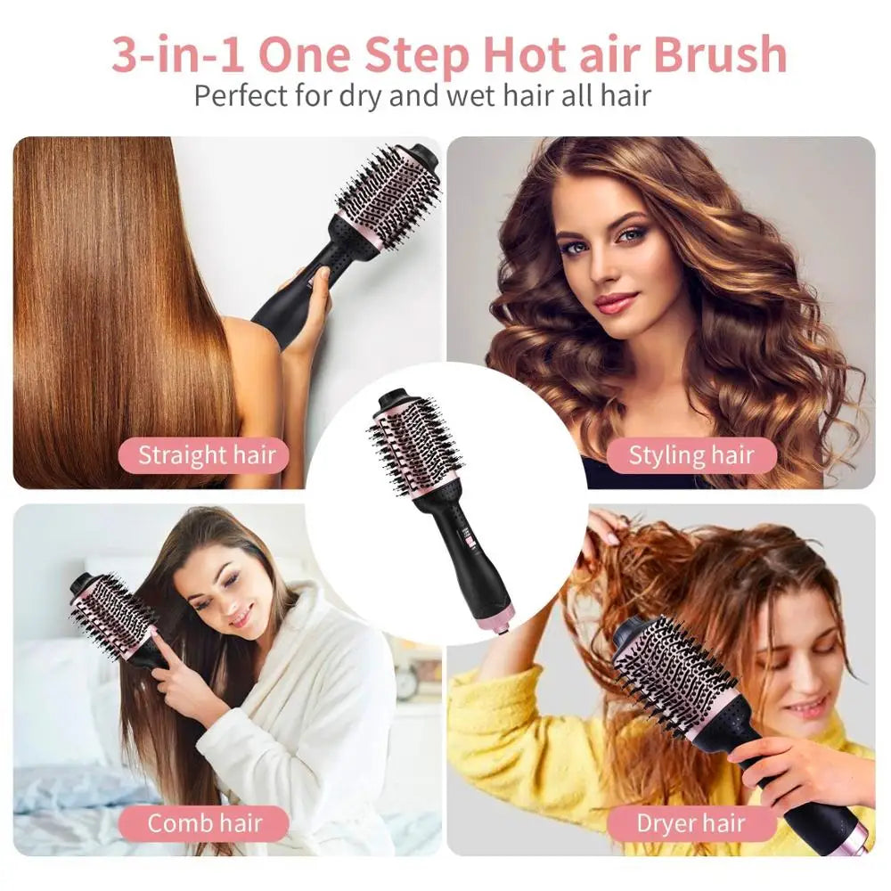 A 3-in-1 hot air brush used for straight, styling, comb, and dryer hair treatments.