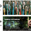 A hand holds a natural bamboo toothbrush, emphasizing its biodegradable and sustainable features.
