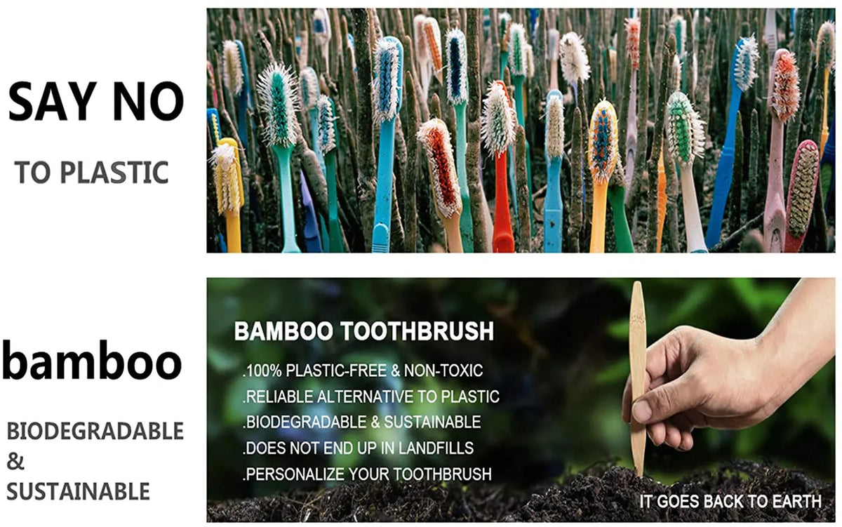 A hand holds a natural bamboo toothbrush, emphasizing its biodegradable and sustainable features.