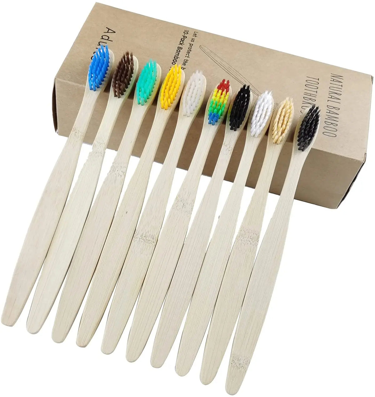 A box containing a set of twenty natural bamboo toothbrushes with various colored bristles.