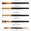 A collection of various professional makeup brushes including foundation, eyeshadow, halo, and eyebrow brushes.